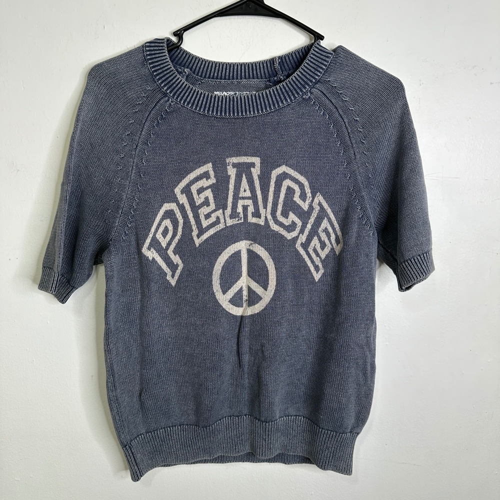 Anthropologie Pilcro Peace Graphic Short Sleeve Knit Sweater Blue Cotton XS‎